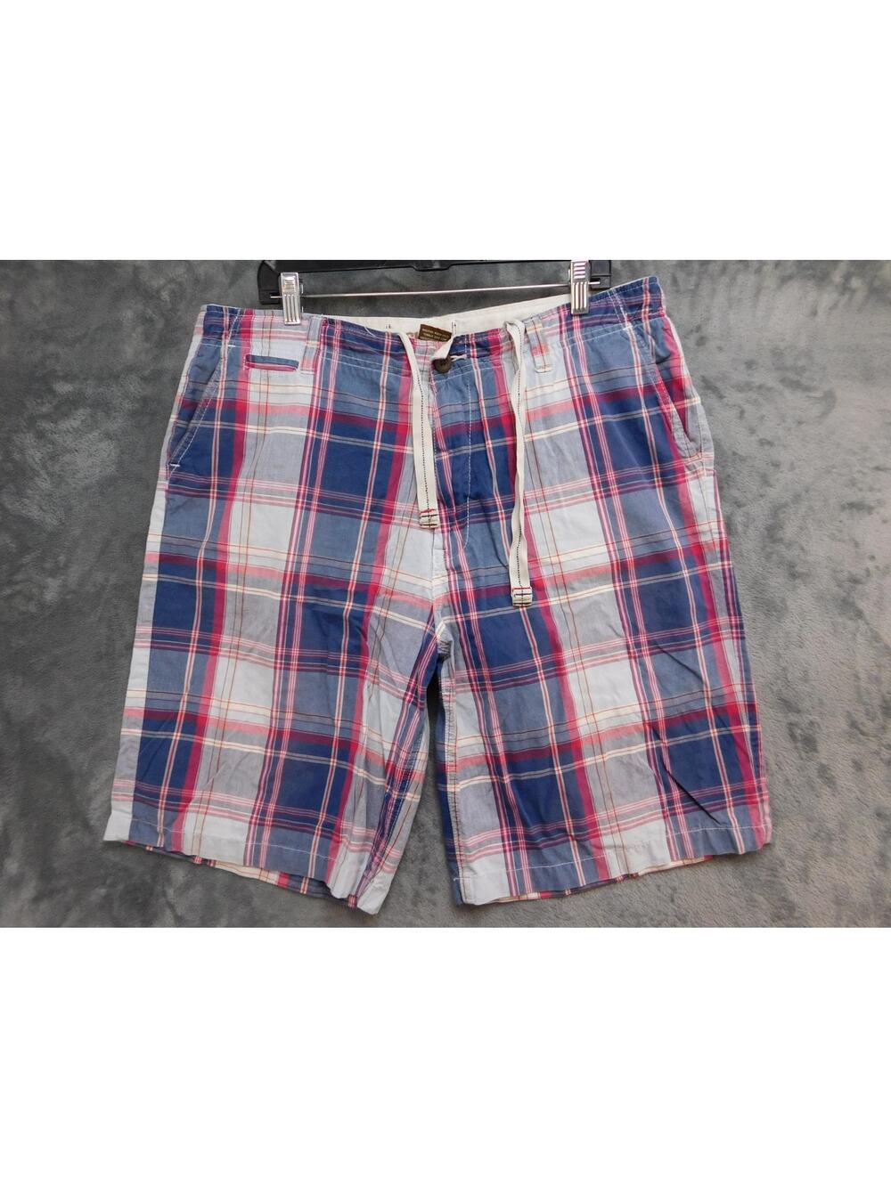 Chor Shorts Mens 36 Blue Bermuda Cotton Plaid Drawstring Pockets 11 Inseam